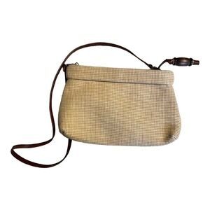 Vintage Carla Marchi Beige Canvas Clutch /Crossbody w/ Brown Leather Trim + Pull